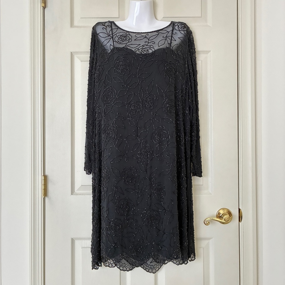 Vintage Oleg Cassini Beaded Black Silk Dress (2 Piece) Size 14